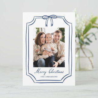 Whimsical Navy Bow Frame Christmas Photo Holiday Card