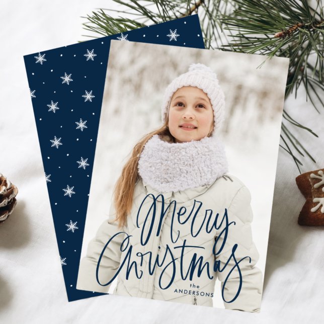 Whimsical Navy Script Merry Christmas Photo Holiday Card (Creator Uploaded)