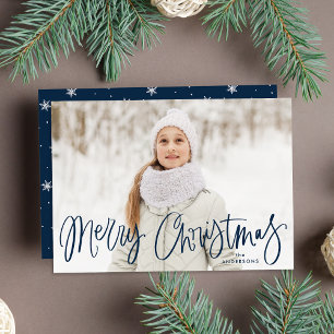Whimsical Navy Script Merry Christmas Photo Holiday Card