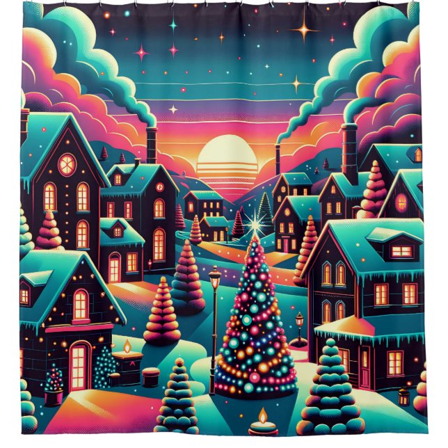 “Whimsical Neon Christmas Village” Shower Curtain (Front)