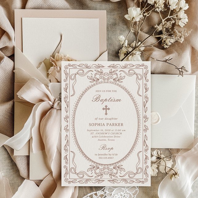 Whimsical Neutral Taupe Coquette Frame | Baptism Invitation (Creator Uploaded)