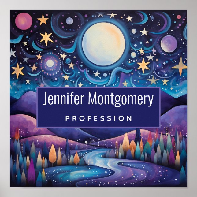 Whimsical Night Big Moon Landscape Business Poster (Front)