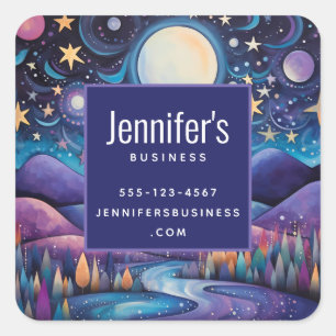Whimsical Night Big Moon Landscape Business Square Sticker