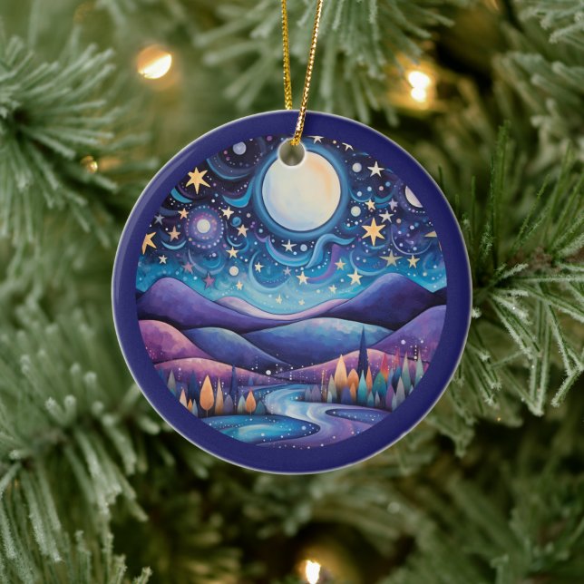 Whimsical Night Big Moon Landscape Ceramic Tree Decoration (Tree)