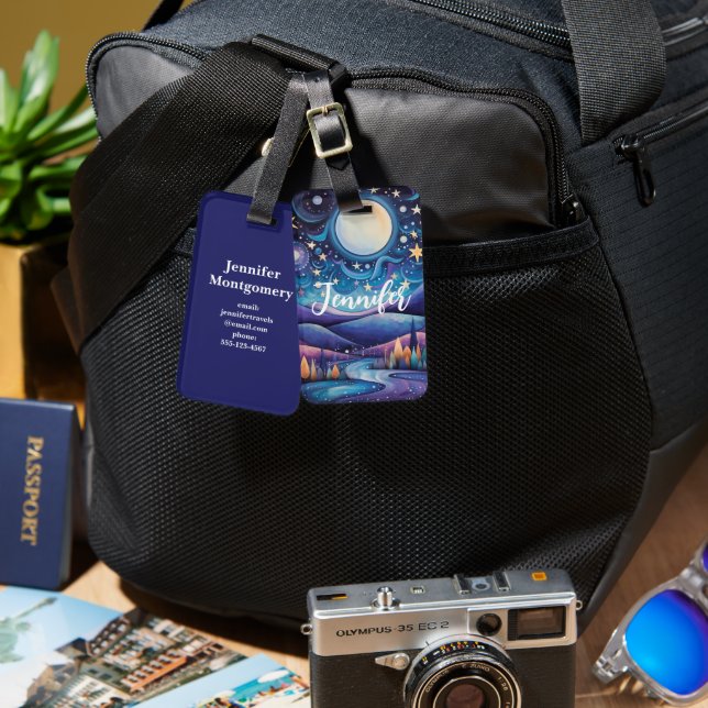Whimsical Night Big Moon Landscape Luggage Tag (Front & Back)