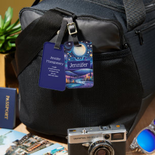 Whimsical Night Big Moon Landscape Luggage Tag