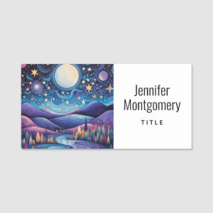 Whimsical Night Big Moon Landscape Name Tag