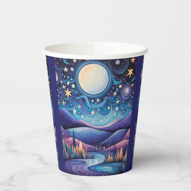 Whimsical Night Big Moon Landscape Paper Cups (Left)