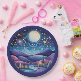 Whimsical Night Big Moon Landscape Paper Plate