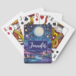 Whimsical Night Big Moon Landscape Playing Cards