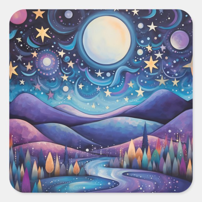 Whimsical Night Big Moon Landscape Square Sticker (Front)