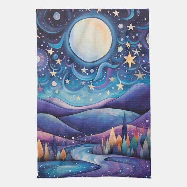 Whimsical Night Big Moon Landscape Tea Towel (Vertical)