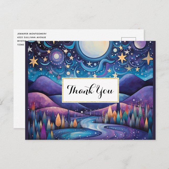 Whimsical Night Big Moon Landscape Thank You Postcard (Front/Back)