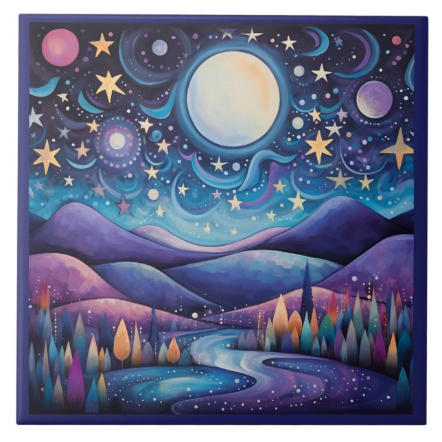 Whimsical Night Big Moon Landscape Tile (Front)