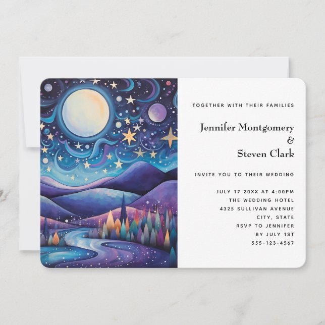 Whimsical Night Big Moon Landscape Wedding Invitation (Front)