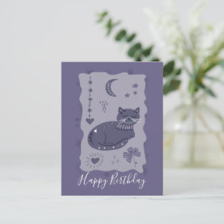 Whimsical Night Cat Folk Art Birthday Postcard