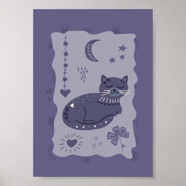 Whimsical Night Cat Folk Art Poster (Front)