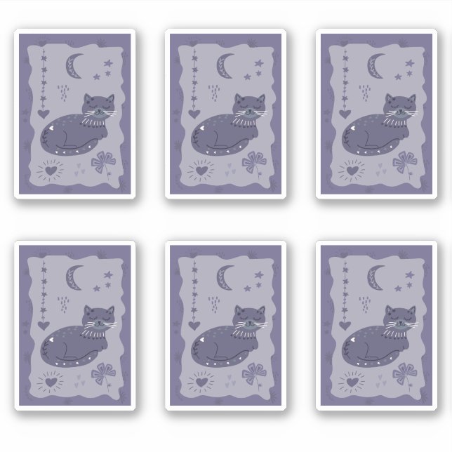 Whimsical Night Cat Folk Art Sticker (Front)