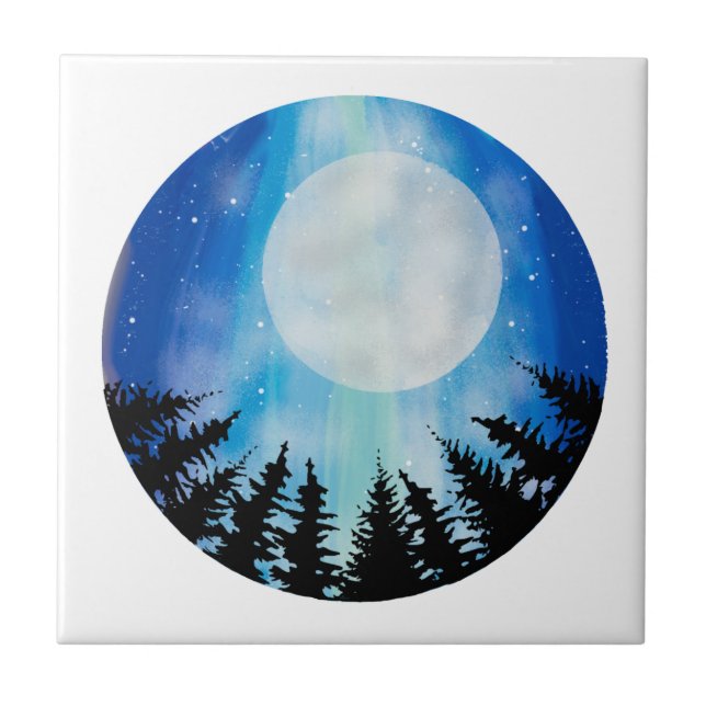 Whimsical Night Full Moon Forest Sky  Blue Circle Tile (Front)