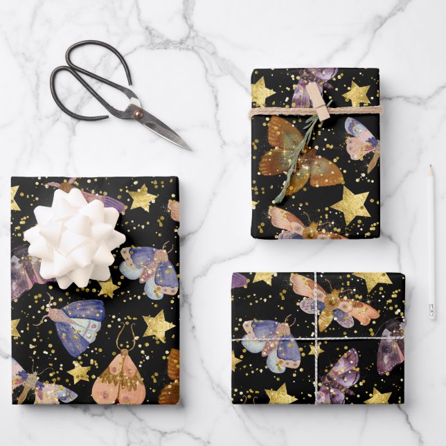 Whimsical Night Moth Butterflies Faux Gold Stars Wrapping Paper Sheet (Front)
