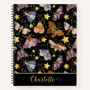 Whimsical Night Moth Butterflies Glitter Star Name Notebook