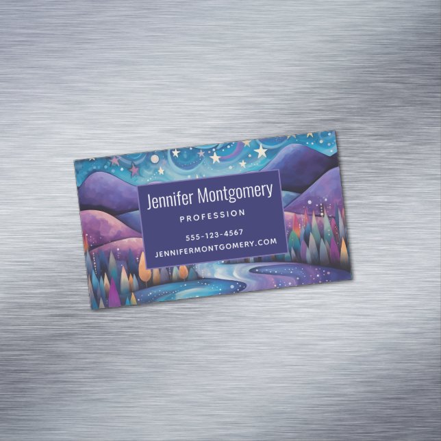 Whimsical Night Mountains and Trees Landscape Magnetic Business Card (In Situ)