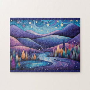 Whimsical Night - River, Trees and Mountains Jigsaw Puzzle