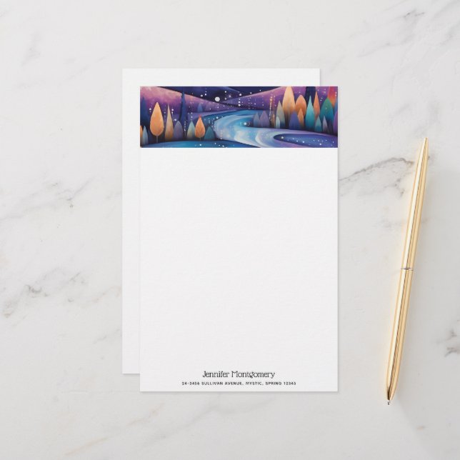 Whimsical Night - River, Trees and Mountains Stationery (Front/Back In Situ)
