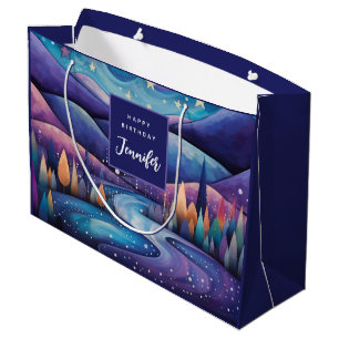 Whimsical Night - River, Trees, Mountains Birthday Large Gift Bag