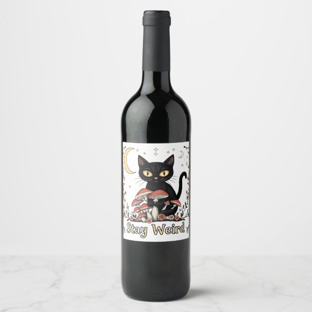 Whimsical noir cat framed by red mushrooms and pal wine label (Front)
