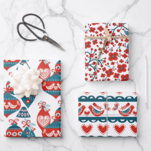 Whimsical Nordic Christmas Ornaments and Deer Wrapping Paper Sheet