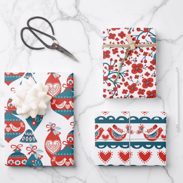 Whimsical Nordic Christmas Ornaments and Deer Wrapping Paper Sheet (Front)