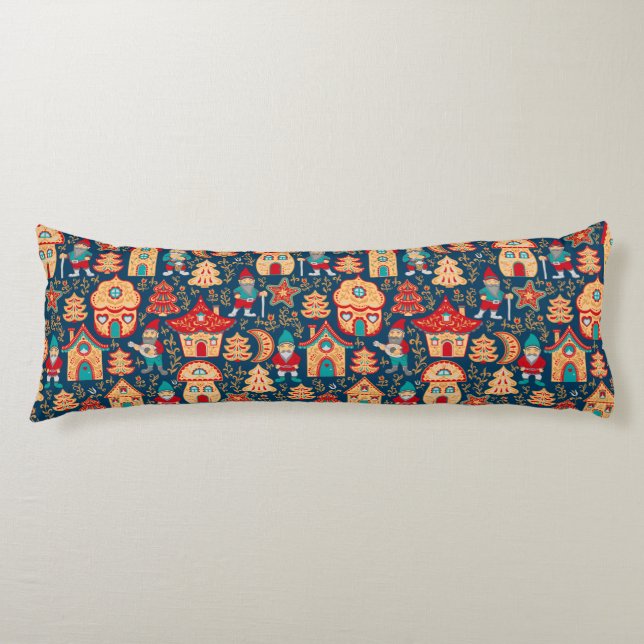 Whimsical Nordic Houses and Gnomes | Scandinavian Body Cushion (Front)