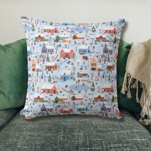 Whimsical Nordic Hygge Christmas Village Pastel  Cushion