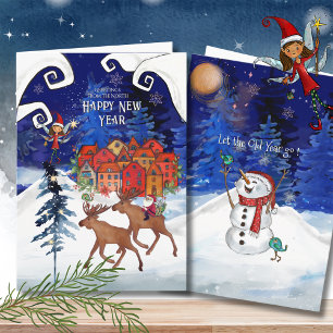 Whimsical Nordic Santa on a Moose Happy New Year Holiday Card