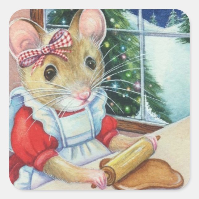 Whimsical North Pole Gingerbread Baker Mouse Art Square Sticker (Front)
