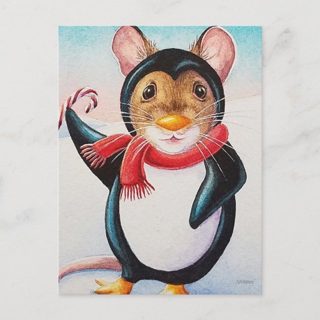 Whimsical North Pole Penguin Watercolor Mouse Art Postcard (Front)