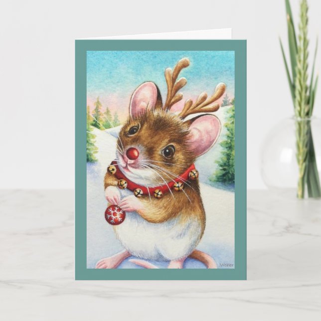 Whimsical North Pole Reindeer Mouse Watercolor Art Card (Front)