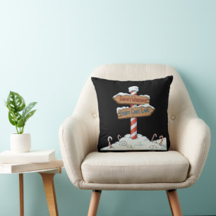 Whimsical North Pole Sign Santa's Workshop & Candy Cushion