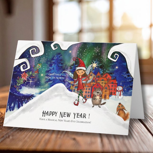 Whimsical Northern Lights Fairy Happy New Year Holiday Card (Whimsical Northern Lights Fairy Happy New Year Holiday Card)