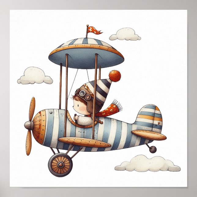 Whimsical Nursery Art Child Flying Old Plane Poster (Front)