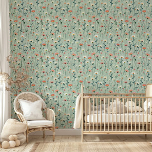 Whimsical Nursery Daisy Flowers Mint Green Girl Wallpaper