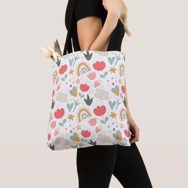Whimsical Nursery Pattern with Clouds and Stars Tote Bag (Close Up)