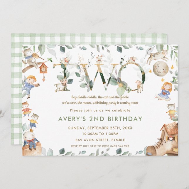 Whimsical Nursery Rhyme Greenery 2nd Birthday Invitation (Front/Back)