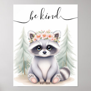 Whimsical Nursery Watercolor Baby Racoon Woodland Poster