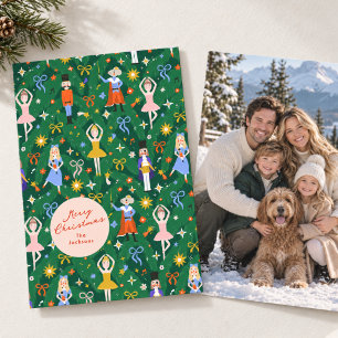 Whimsical Nutcracker Ballet Green Christmas Photo Holiday Card