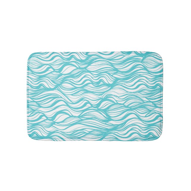 Whimsical Ocean Waves Aqua Blue Bath Mat (Front)