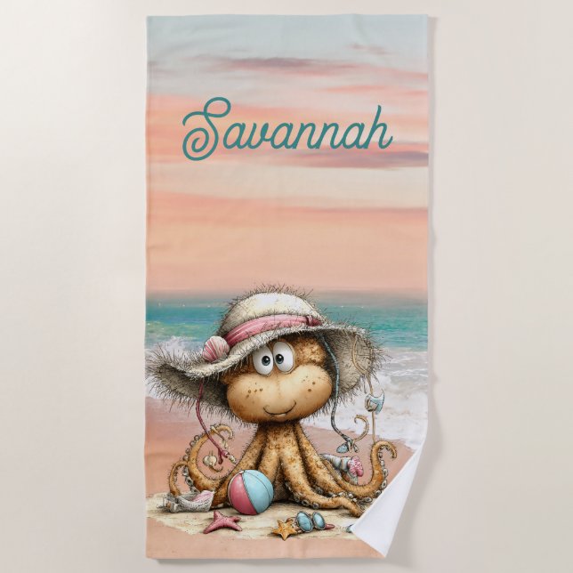 Whimsical Octopus Beach Scene Personal Towel (Front)