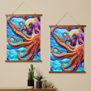 Whimsical Octopus Blue Ocean Wave Cubism Hanging Tapestry