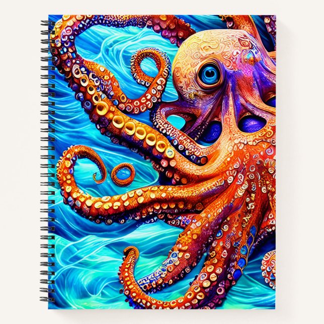 Whimsical Octopus Blue Ocean Wave Cubism Notebook (Front)